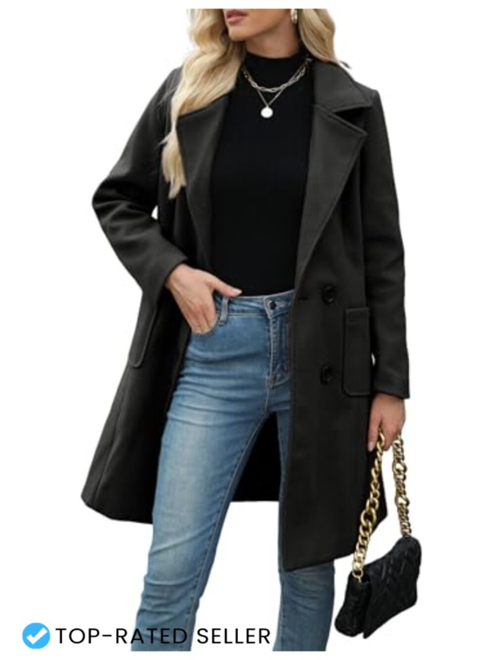 Wool Blend Pea Coat Double Breasted Mid-Long Winter Outerwear